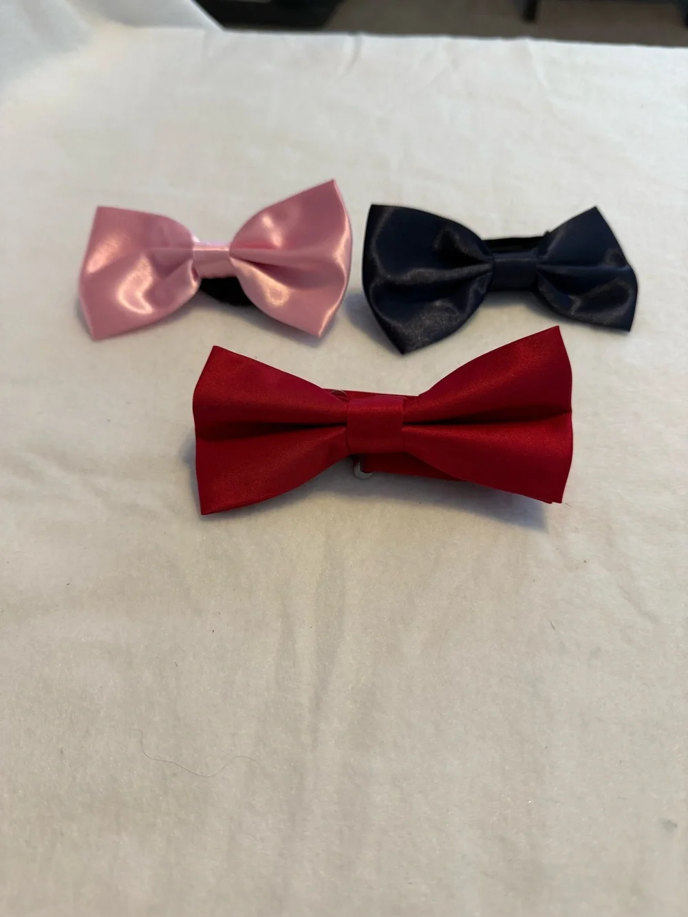 Q Brand Satin Bow Tie Lot of 3 – Red, Pink & Navy Blue – Adjustable 5” Wide